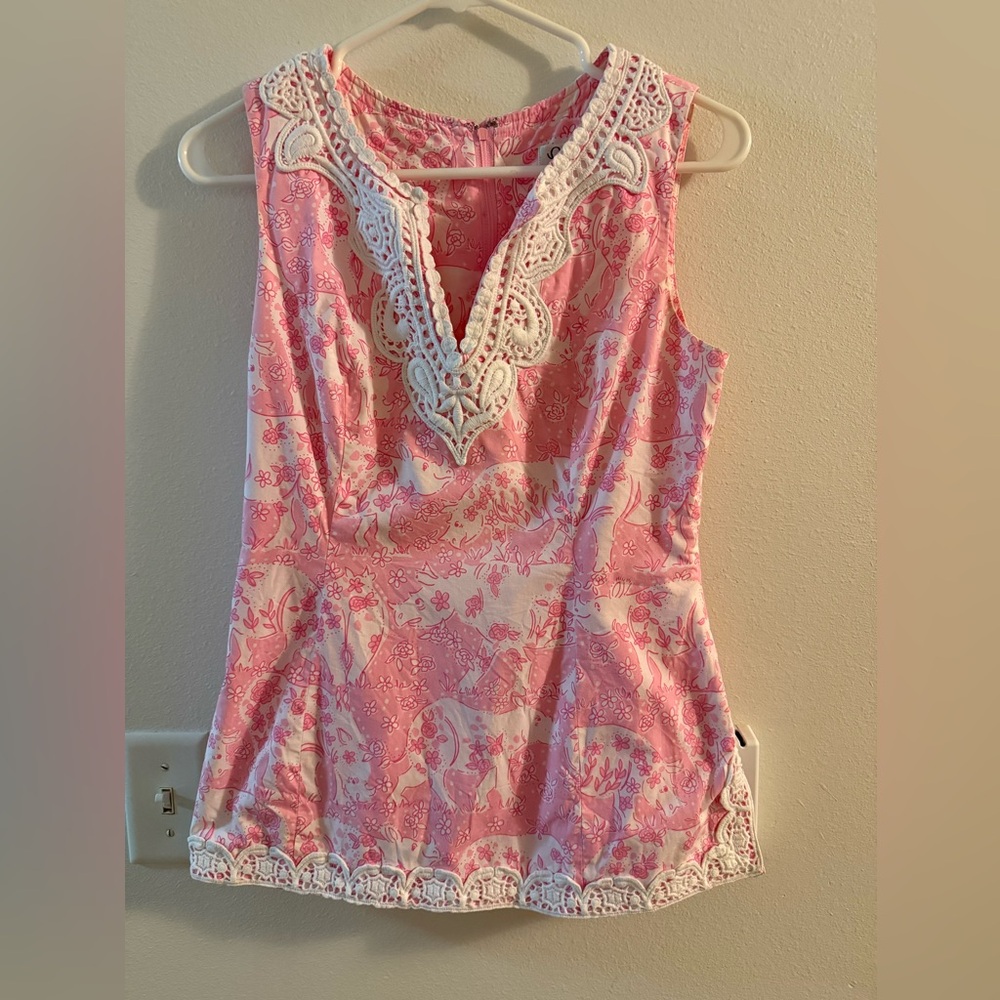 Lily Pulitzer RARE Pink Rhino Run Tank Top Blouse Preppy Embroidered Vintage